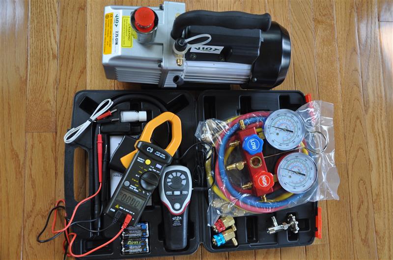 Kit7:VPD5+C9+HD2+Gm410A+QT:Vacuum Pump+Leak Detector+Clamp Meter+Manifold Gauge Set+Car AC Coupler T