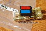 Car AC Manifold Service Adapters, Pair, 1/2 ACME male X 1/4 SAE female flare Brass with ball valve 90 to on/off
