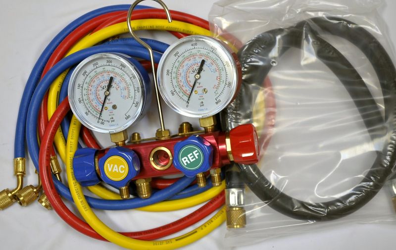 Red Blue Yellow and Black 2/8 Vacuum hose for R410a R22 R404a More retrofit Replacement Refrigerants Forged Aluminum Alloy Body Frame Sign Viewing Glass 4-Way Manifold Gauge Set w/4 Hoses 