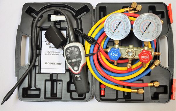 Professional tool Kit: Maifold gauge set GM410a with 5ft hose set all Refrigerants, Leak Detector HD