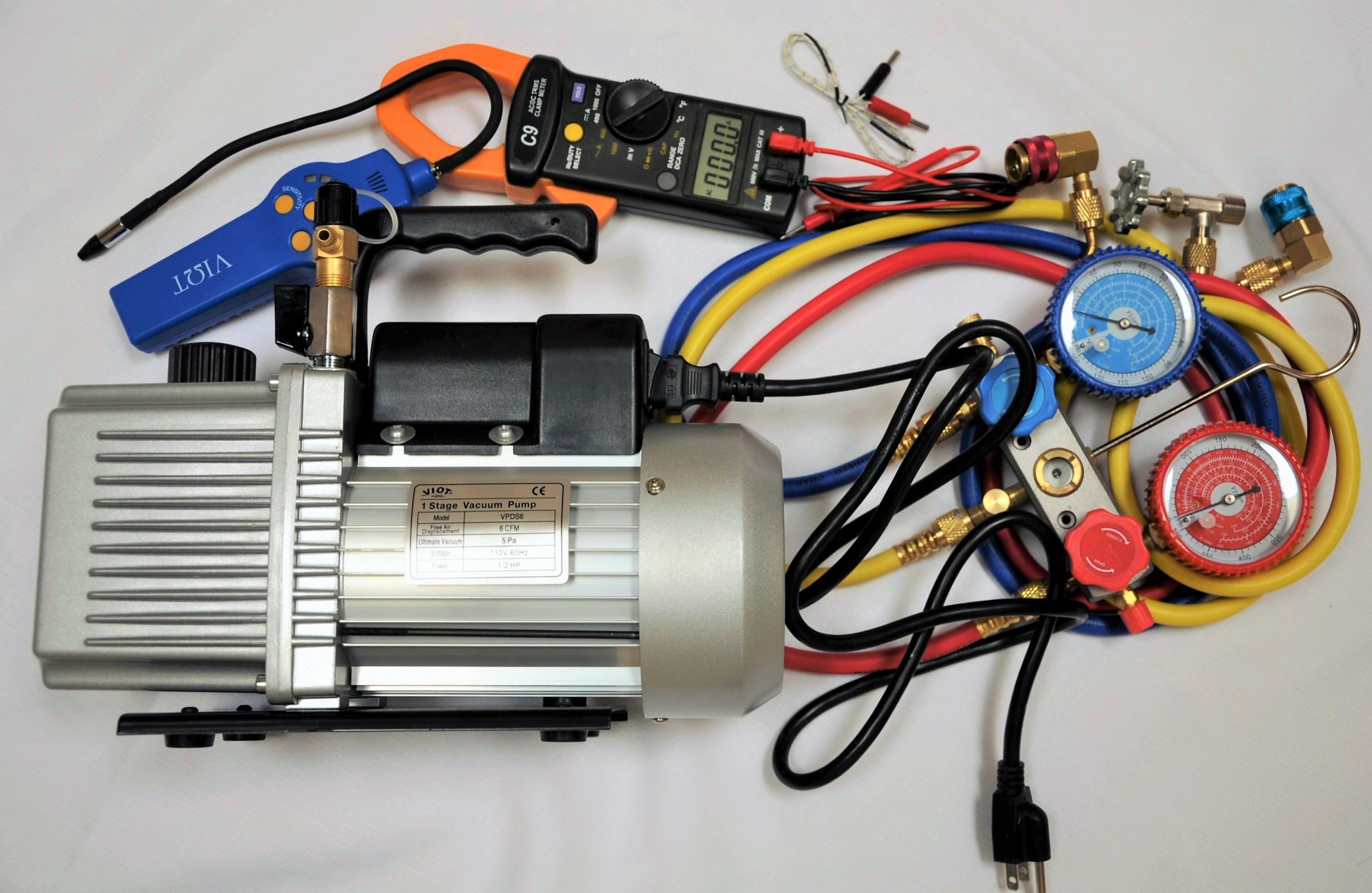 HVAC Tool Set Kit5: 2-Stage Deep Vacuum Pump VPD5(upgraded)+Clamp Meter C9+Refrigerant Leak Detector