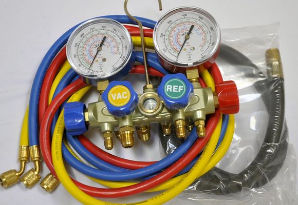 4-Way Newer Design Manifold Gauge Set+5ft Hose+3ft 3/8 Vacuum Hose Al Alloy Body Professional Set