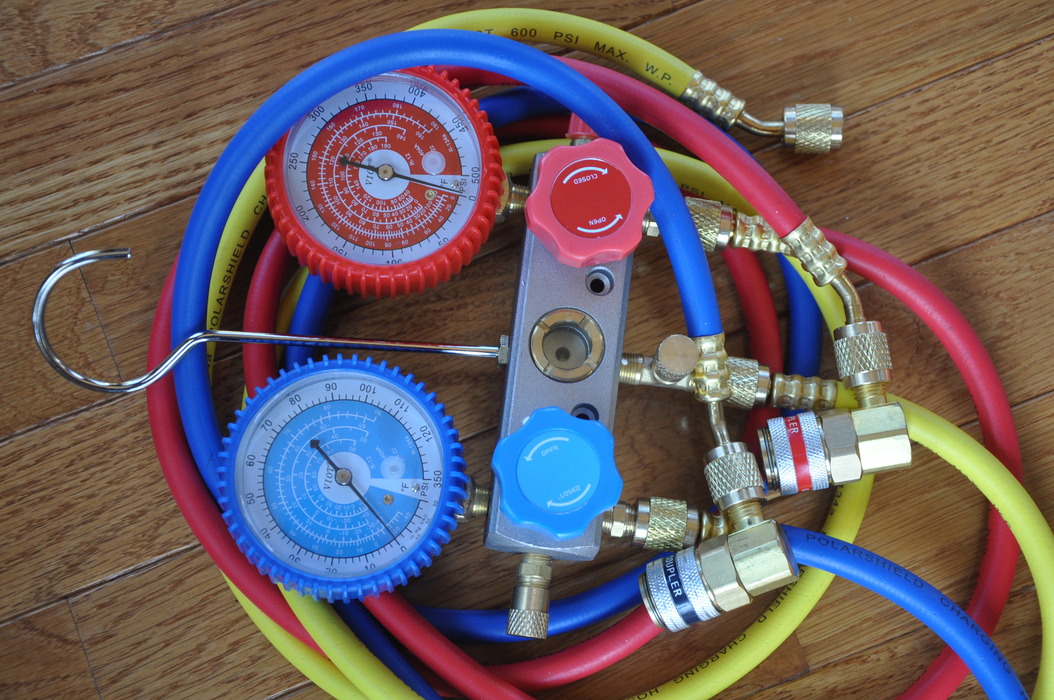 Manifold Gauge Set GMad R22 R12+5ft Hose Set+Car AC Quick Couplers R134a Can Tap